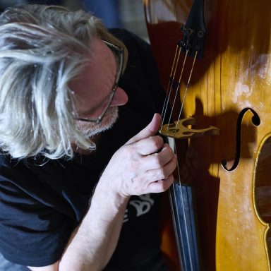 Photo: Chris Freeman Peter Nagle with upside-down cello.